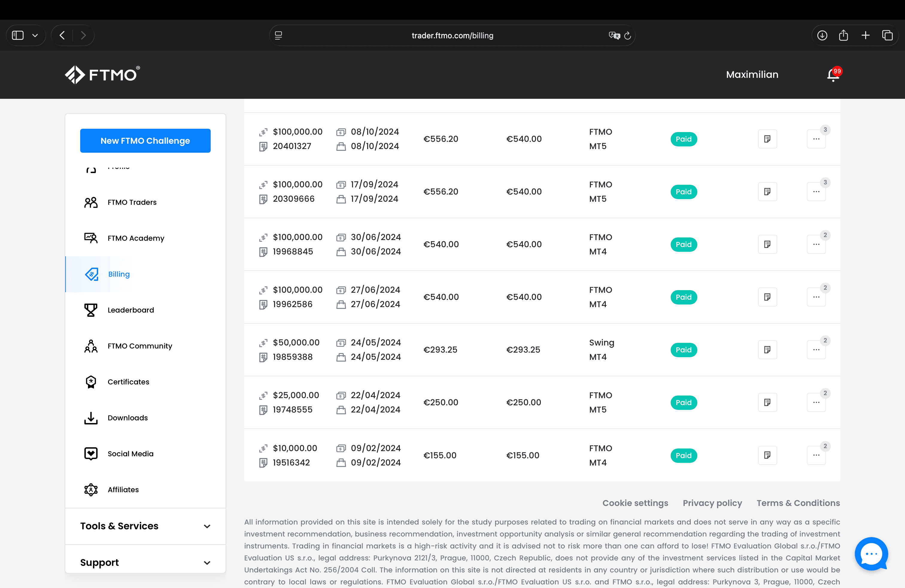 Maximilian Bossow's FTMO Trader Dashboard billing screen showing multiple paid challenge fees across various account sizes